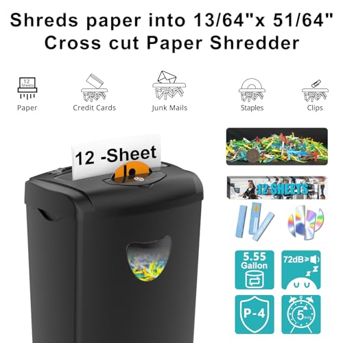 Paper Shredder for Home,Shred 12 Sheet Cross Cut,5.55-Gallon Basket, P-4 Security,Shred Paper/Cards/CDs/Staples/Clips - Jam Proof System for Home Office