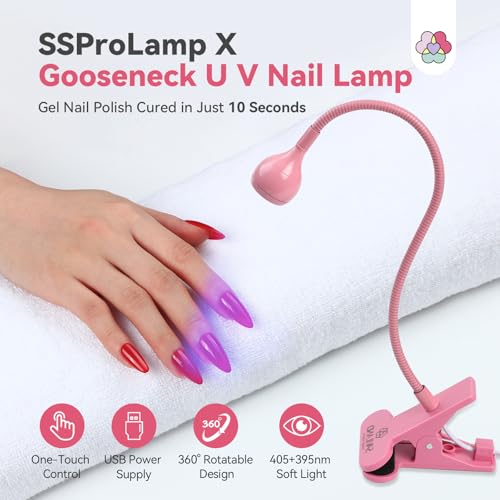 SAVILAND Gooseneck U V Light for Nails Flash Cure Gel Lamp with Desk Clip | 10s fast curing, LED UV dual light, Salon grade, Manicure use, Gel nail polish & nail tips curing tool, Pink - color: Pink