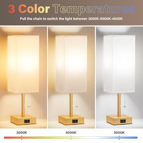 Bedside Lamp for Bedroom Set of 2 - Gold Table Lamp for Nightstand | AC Outlet, 3 Color Temperatures, LED Bulb Included, Pull Chain Design, 14" Rectangular Desk Lamp for Dorm/Office, 2-Pack - color: White & Gold, size: 14.3In
