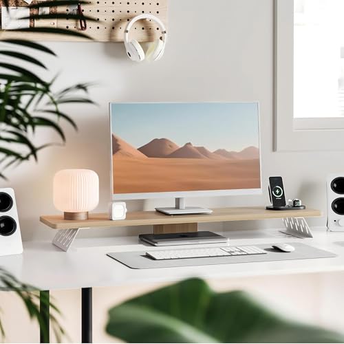 Fenge Monitor Stand Riser, Wooden & Metal Desk Shelf Organizer, Oak - color: Oak, size: 42.5 Inch