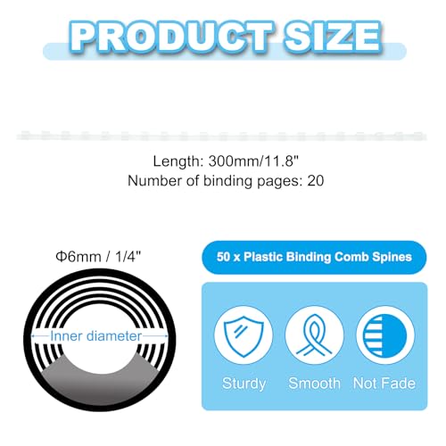PATIKIL 6mm (1/4") Plastic Binding Combs, 50 Pcs 21 Rings Comb Binding Spines 20 Sheet Capacity Letter Size for Binding Paper Sheets, White - color: White, size: 6mm