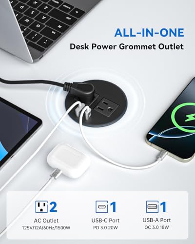 Desktop Power Grommet with 20W USB C Fast Charging, 3 inch Flush-Mount Recessed Power Strip for Desk,Office Tables,Furniture, Recessed Outlet 6FT Cord, 45° Thin Flat Plug, 2 USB Ports, Black - color: Black