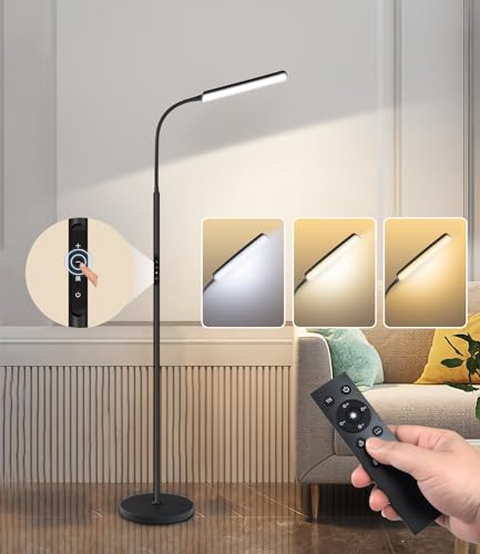 LED Floor Lamp, Stepless Adjustable 3000K-6000K Colors, Black | Bright 15W Floor Lamps for Living Room with 1H Timer, Reading Standing Lamp with Remote & Touch Control, Home Office - color: Black