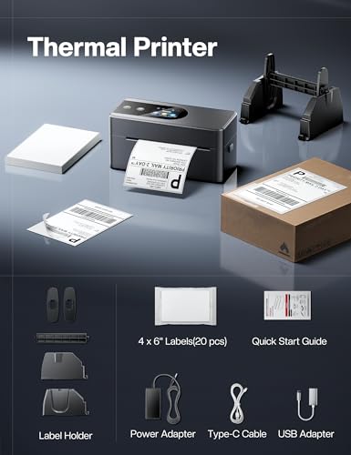 Phomemo Shipping Label Printer Upgraded with Touch Screen & Label Holder | 4x6 wireless thermal label printer for small business & shipping package, compatible with Amazon, Shopify, USPS - color: Black