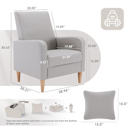 COLAMY Mid-Century Modern Accent Chair, Faux Leather Upholstered Living Room Chair with Back Pillow & Solid Wood Legs, Comfy Armchair for Living Room, Bedroom, Single Sofa, Light Grey - color: Light Grey, size: Set of 1