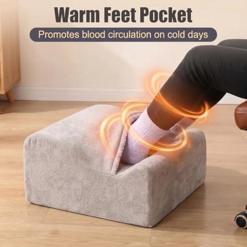 Under Desk Foot Rest with Warm Feet Pocket – Ergonomic Office Footstool, Memory Foam, Washable Cover, Non-Slip Bottom, for Heel & Leg Support, Back Pain Relief (Grey+)