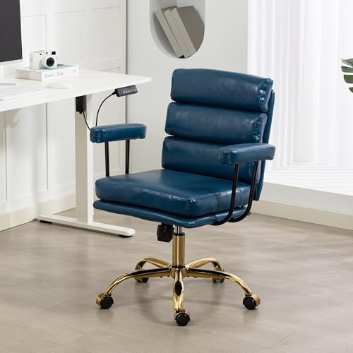 Faux Leather Home Office Desk Chair, Ergonomic Executive Computer Chair with Gold Base, Padded Seat and Armrests, Adjustable Height Swivel Makeup Vanity Chair with Wheels, Blue - color: Blue