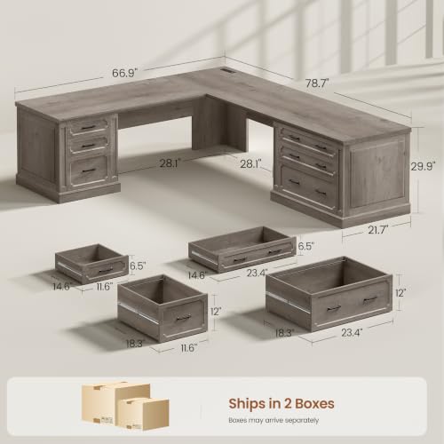 SEDETA Farmhouse 78.8" L Shaped Desk with 6 Drawers, Home Office Desk with Power Outlet, File Cabinet Storage, Wood Corner Computer Desk for Work and Study, Gray - color: Grey, size: 78.8" L Shaped Desk