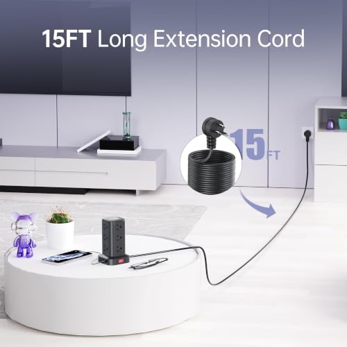 Extension Cord with Multiple Outlets, SMALLRT Power Tower, 15 FT Power Strip with USB Ports, 12 AC Outlets, Outlet Extender for Home Dorm Room Essentials, Office Supplies,Overload Protection - color: Black, size: 15 Ft without wireless charging
