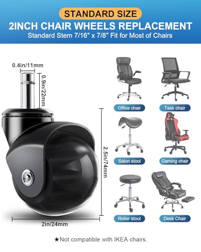 RidRed Office Chair Wheels Replacement Heavy Duty 2 Inch Roller Blade Wheels for Carpet Hardwood Floors,Support 2000 LB, Rubber Rollerblade Desk Chair Casters, Standard Stem Universal Fit, Set of 5 - color: Transparent Black