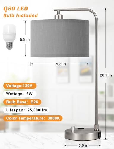 Innqoo Gray Side Table Lamp with USB Port and Outlet, Dimmable Nightstand Bedside Lamps with Linen Lampshade, Desk Lamp for Bedroom, Living Room, Guest Room, Home Office, LED Bulb Included - color: Silver