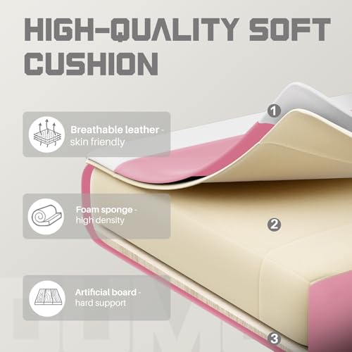 DUMOS Ergonomic Gaming Chair with Footrest, Home Office Desk Chair | PU Leather, Headrest, Linkage Armrests, Height Adjustable, 360 Swivel Reclining, White Pink - color: White Pink, size: PU Leather 27"D x 25"W x 52"H