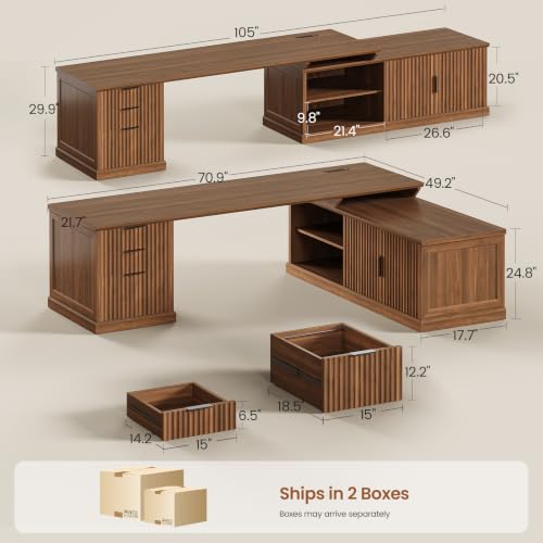 SEDETA Fluted 70.9" L Shaped Desk with Drawers, Fluted Brown | Home Office Desk with Storage Cabinet and Storage Shelves,L Shaped Computer Desk with Power Outlet - color: Fluted Brown, size: 70.9" L Shaped Desk