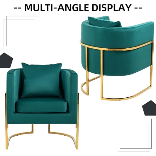 Velvet Accent Chair, Modern Barrel Arm Chair for Living Room/Bedroom/Guest Reception, Upholstered Club Armchair with Pillow & Gold Base, Green - color: Green, size: 1 PC