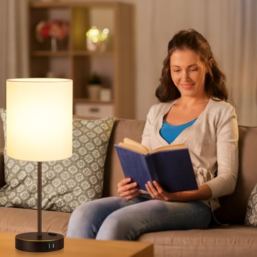 Lynnoland 2 Pack Touch Control Table Lamps with 2 USB & AC Outlet, 3-Way Dimmable Bedside Nightstand Lamps for Bedroom Living Room Nursery, 800 Lumens 3000K Warmlight Bulbs Included - color: White & Oil-Rubbed Bronze