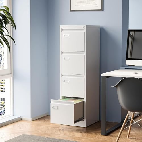 4 Drawer File Cabinet,Metal Filing Cabinets with Lock,18" Deep Vertical Filing Cabinets for Home Office,Steel Storage Cabinet fits Letter/Legal/A4 Size - color: White, size: 52.5"H x 15"W x 17.7"D