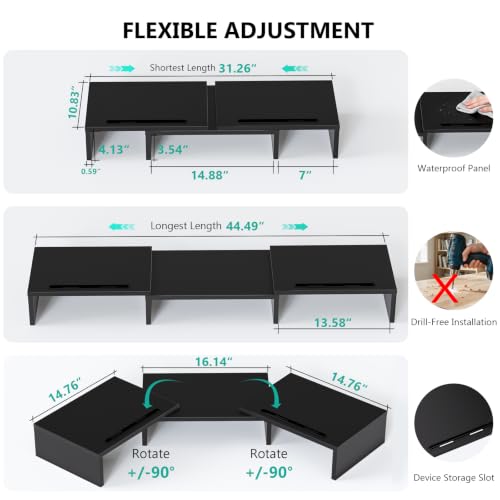 WALI Extra Long Wooden Dual Monitor Stand Riser with 2 Slots, up to 22lbs - color: Black, size: 31 in