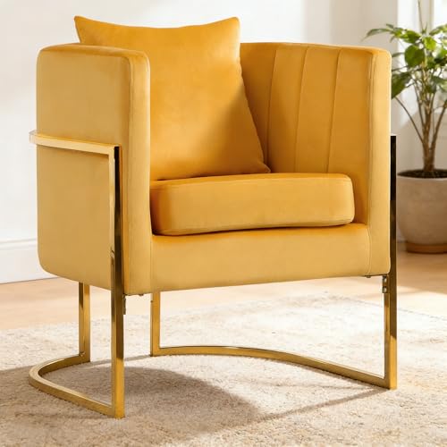 Velvet Accent Chairs Set of 2, Contemporary Barrel Armchairs, Living Room Bedroom Club Chair Set with Pillow, Channel Tufted, Gold Finish Base, Yellow - color: Yellow, size: 2 PCS