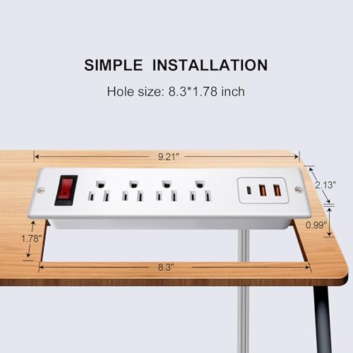 4 Outlets Recessed Power Strip with USB C 20W, Fast Charge Desktop Power Outlet Flush Mount Desk Extender 6.56 ft Extension Cord Plug in Furniture Conference Hotel - color: White