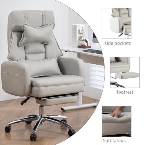 Executive Office Chair, Big and Tall Ergonomic Desk Chairs with Headrest & Footrest, Adjustable High-Back Recliner, Swivel Computer Chair w/Side Pockets, Lumbar Support for Home Office (Light Grey) - color: Light Grey