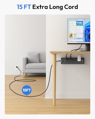 NTONPOWER 15 ft Extension Cord, Flat Plug Power Strip with USB, 12 Outlets Wall Mount, 2100 Joules, 1875W, 15A Circuit Breaker for Home Office Dorm Essentials, Black - color: Black, size: 15 FT-12 Outlets