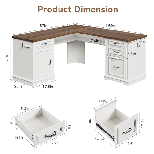 Farmhouse L Shaped Executive Desk with 4 Drawers and Charging Station, Wood Corner Home Office Computer Desk with File Cabinet Storage, Hidden Under Desk Storage Shelf, Headphone Hook - Brown+White - color: Brown-white