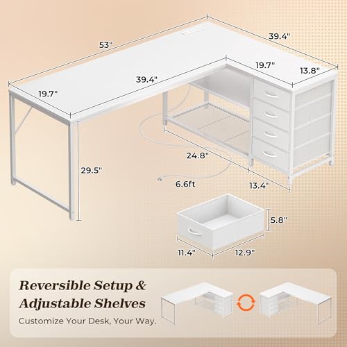 PRAISUN 53" L Shaped Desk with Power Outlets & 4 Drawers | Reversible Computer Desk with 2 Storage Shelves, Large Corner Office Desk for Gaming Writing Work Study, White - color: White, size: 53 Inch