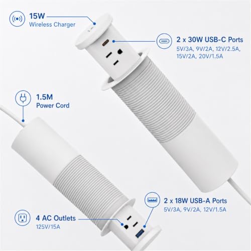 2.4" Pop Up Countertop Outlet, 30W USB-C & Wireless Charger | Fits 2.4 in (60mm) grommet holes, 4 AC outlets, 2 USB-C 30W, 2 USB-A 18W, 15W wireless charging and 1.5m cord, White - color: White