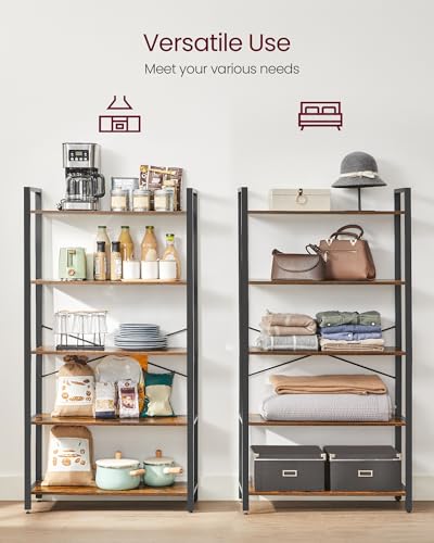 VASAGLE 5-Tier Bookshelf, Bookcase with Steel Frame, Book Shelf for Living Room, Home Office, Study, 11.8 x 31.5 x 60.2 Inches, Industrial Style, Rustic Brown and Ink Black ULLS081B01 - color: Rustic Brown + Ink Black, size: 5 Tiers (11.8"D x 31.5"W), sty