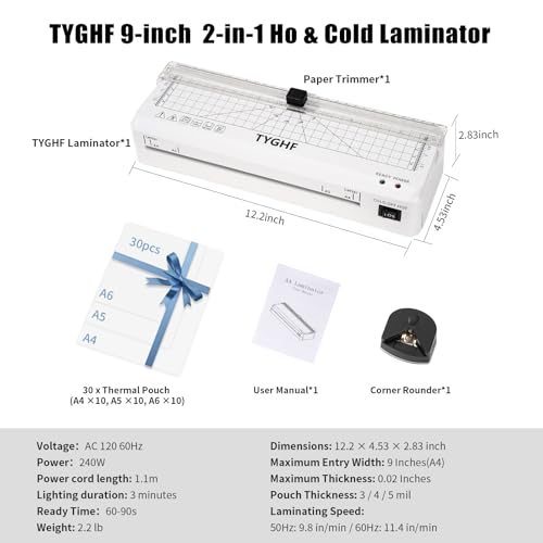 9 Inch Laminating Machine, A4 A5 A6 Thermal & Cold Laminator, White - color: White