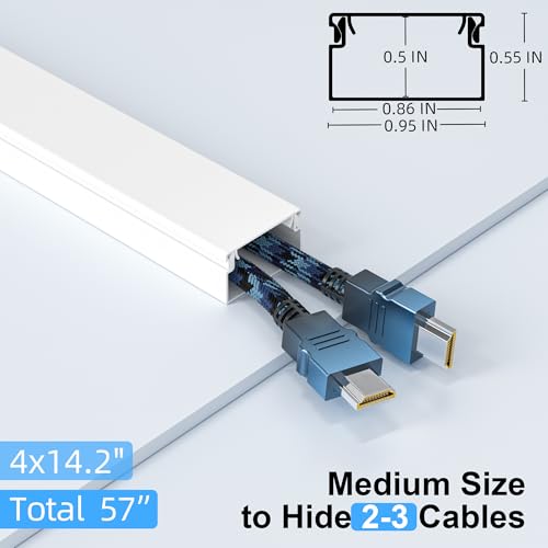 Delamu Cord Hider for Wall Mounted TV, 57in Paintable Cable Cover System, Self-Adhesive Cable Management Raceway Kit Hides 2-3 Wires, Baseboard Wire Hider Easy Installation, W 0.95 H 0.55in, White - color: White, size: 57in x 0.95in x 0.55in