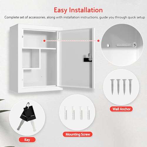 Locking Medicine Cabinet Wall-Mount: Storage Cabinet with Combination Lock & Key - White Metal First Aid Kits for Family Safety and Childproofing