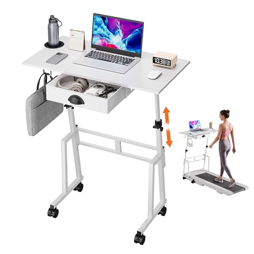 Honkazita Height Adjustable Standing Desk with Storage Drawer, White | Rolling Desk for Treadmill Walking Pad, Small Sit-Stand Desk with Lockable Wheels, Height Range 31.5"-43.3", Stable Design - color: White