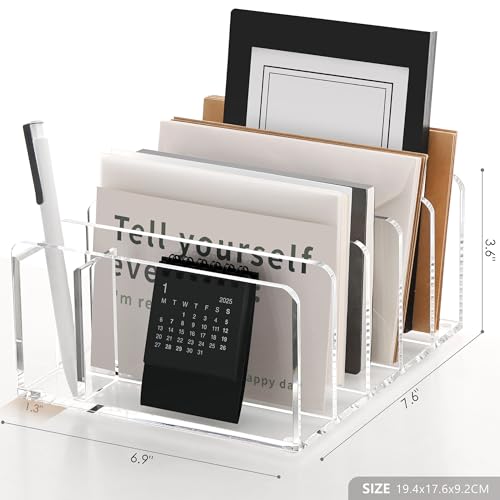 SANRUI Clear Acrylic Mail Organizer with 5 Compartments and 1 Pen Holder - size: 5 Slots with Pen Holder