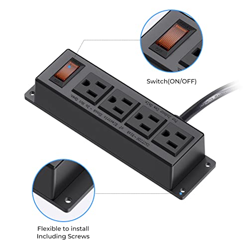 Wall Mount Power Outlet Strip, 4 Outlet Mountable Power Strip with Switch, 3ft Cord Under Desk Power Strip for Office/Industrial/Home, Flat Plug, Black | with Switch, Under Desk Power Strip for Office/Industrial/Home, Flat Plug, Black