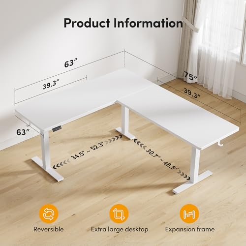 CubiCubi 75“ x 63" L Shaped Standing Desk Adjustable Height, Electric Corner Desk, Sit Stand Home Office Desk with Splice Board, White - color: White, size: 75x63