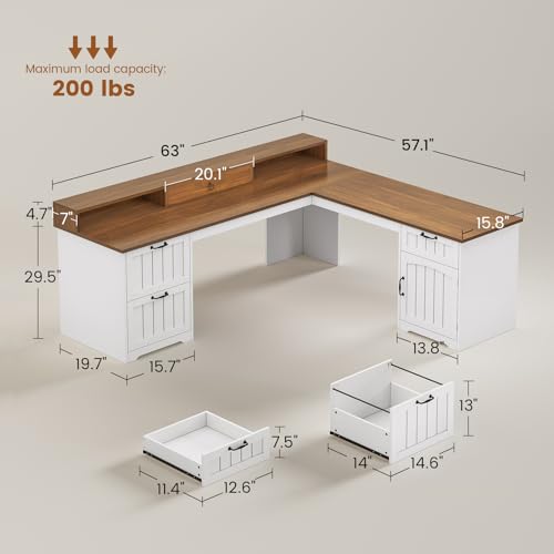 SEDETA Farmhouse 63" L Shaped Desk with Drawers and Storage Cabinet | Office Desk with File Drawers, Wood Corner Computer Desk with Storage, Home Office Desk with Monitor Stand,Walnut and White - color: Walnut and White