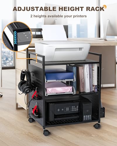 Mythinglogic 3-Tier Rolling Printer Stand with Pegboard and File Holder | Metal cart with adjustable shelves and locking wheels for printers, scanners, paper, craft tools and classroom supplies - color: Black