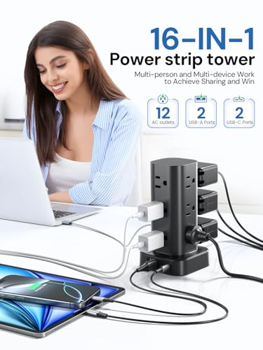 Tower Power Strip with Surge Protector - 12 AC Outlets & 4 USB Ports (2 USB-C), 6FT Extension Cord, Charging Station Tower for Home Office Dorm Travel (Black) - color: Black, size: 6FT without Wireless Charger