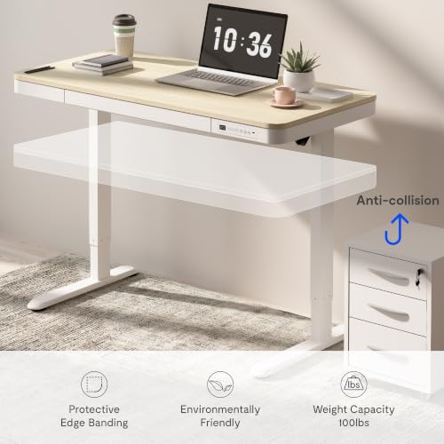 FLEXISPOT Comhar 48" Electric Standing Desk with Storage, Built-in Drawer & USB Charging Ports, Height Adjustable Sit Stand Computer Desk, Quick Assembly, Child Lock, Light Maple Finish/White Legs - size: 48"White Wood Grain