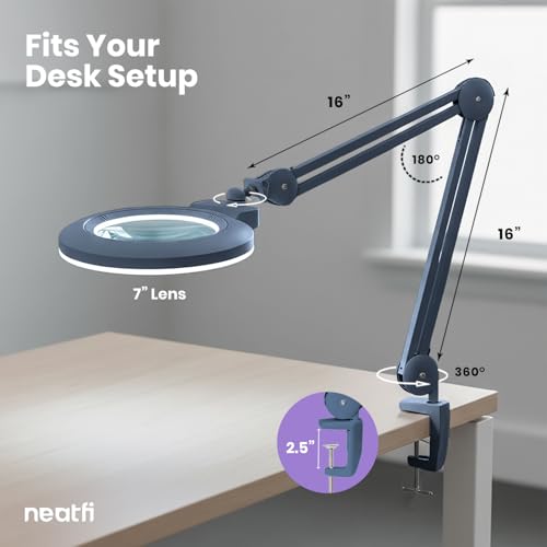Neatfi XL Bifocal LED Magnifying Lamp, 7” Acrylic Lens, 2.25X/6X Magnification, 1,600 Lumens Dimmable | Hands-Free Close Work | Crafting, Jewelry & Reading (Gray, 7-inch Lens, Non-CCT with Clamp) - color: Gray, size: 7-inch Lens, Non-CCT with Clamp