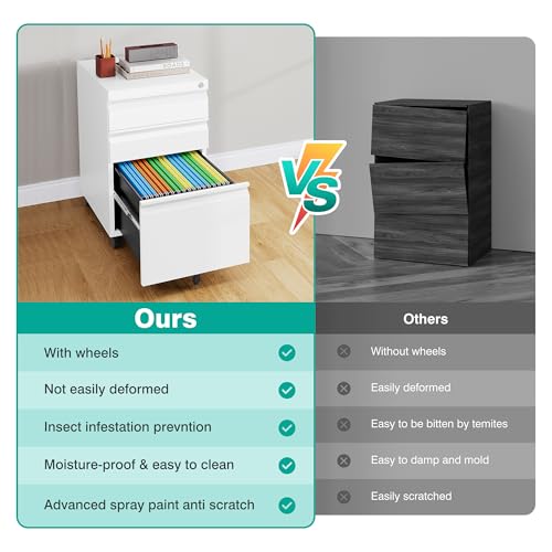 3 Drawer File Cabinet with Wheels,Under Desk File Cabinet with Lock,White Rolling Filing Cabinet,Three Drawer Metal Filing Cabinets for Home Office,Fit A4/Letter/Legal,Fully Assembled Except Casters
