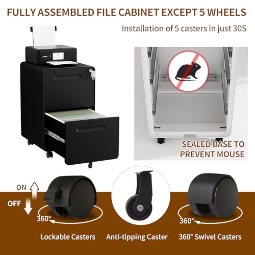 2 Drawer Mobile File Cabinet with Lock, 4 Keys and 25 Letter File Folders | Heavy-Duty Steel Rolling Filing Cabinet Pre-Assembled Under Desk for Home Office Letters/Legal/A4 Hanging File Folders - color: Black, size: 25.8"H*15.7"W-2 drawers(25 letter fold
