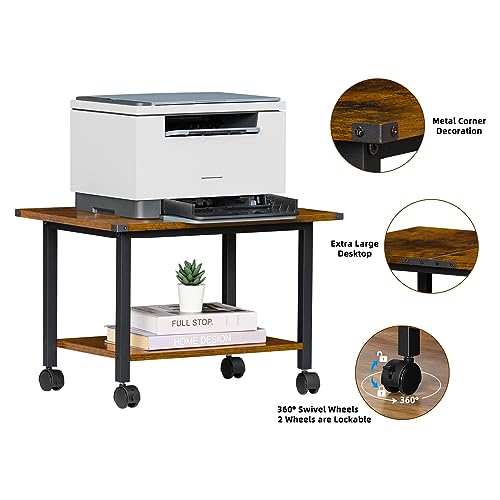 Lerliuo Under Desk Printer Stand, 2-Tier Industrial Rolling Printer Table - color: Brown, size: 2-Tier
