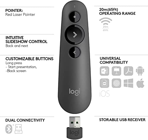 Logitech R500s Laser Presentation Remote Clicker with Dual Connectivity Bluetooth or USB for Powerpoint, Keynote, Google Slides, Wireless Presenter - Graphite (Renewed)