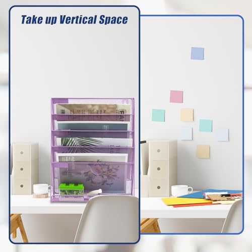 EASEPRES Desk File Organizer Mesh 6 Tier, Hanging Wall Mount Document Organization Stand, Desktop Vertical Mail Paper Folder Holder Rack with Bottom Tray for Office Home Cubicle, Light Purple - color: Light Purple, size: 6 Tier