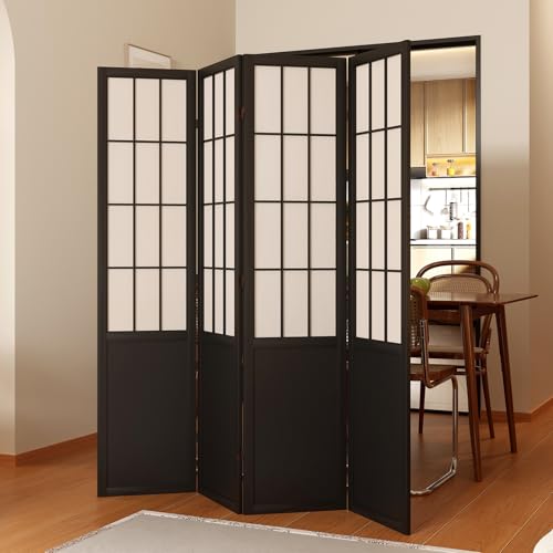 Room Divider, 66.9Inch Tall Japanese Shoji Style Folding Wood Screen with Double Hinges for Home Office Bedroom Hotel Decoration (4Panels, Black) - color: Black, size: 4 Panels