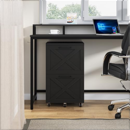 Halitaa Farmhouse 2 Drawer Small File Cabinet with Wheels, Rustic Black | Vertical Filing Cabinet Fits A4 or Letter Size, Wooden Printer Stand, Under Desk Rolling File Cabinet for Home Office - color: Rustic Black