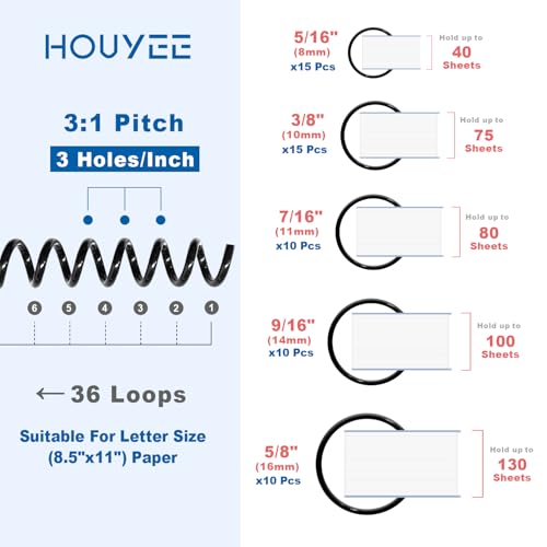 HOUYEE 60 Pcs Plastic Spiral Binding Coils,Multi-Size,3:1 Pitch,36 Loops - size: 8mm,10mm,11mm, 14mm,16mm
