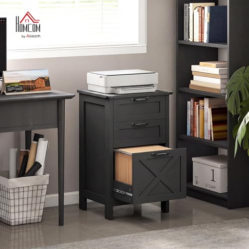 HOMCOM 3 Drawer File Cabinet Printer Stand Silent Slides Distressed Black | Vertical Filing Cabinet for Hanging A4/Letter Size, Rustic Farmhouse Printer Stand with Storage, Home Office - color: Distressed Black